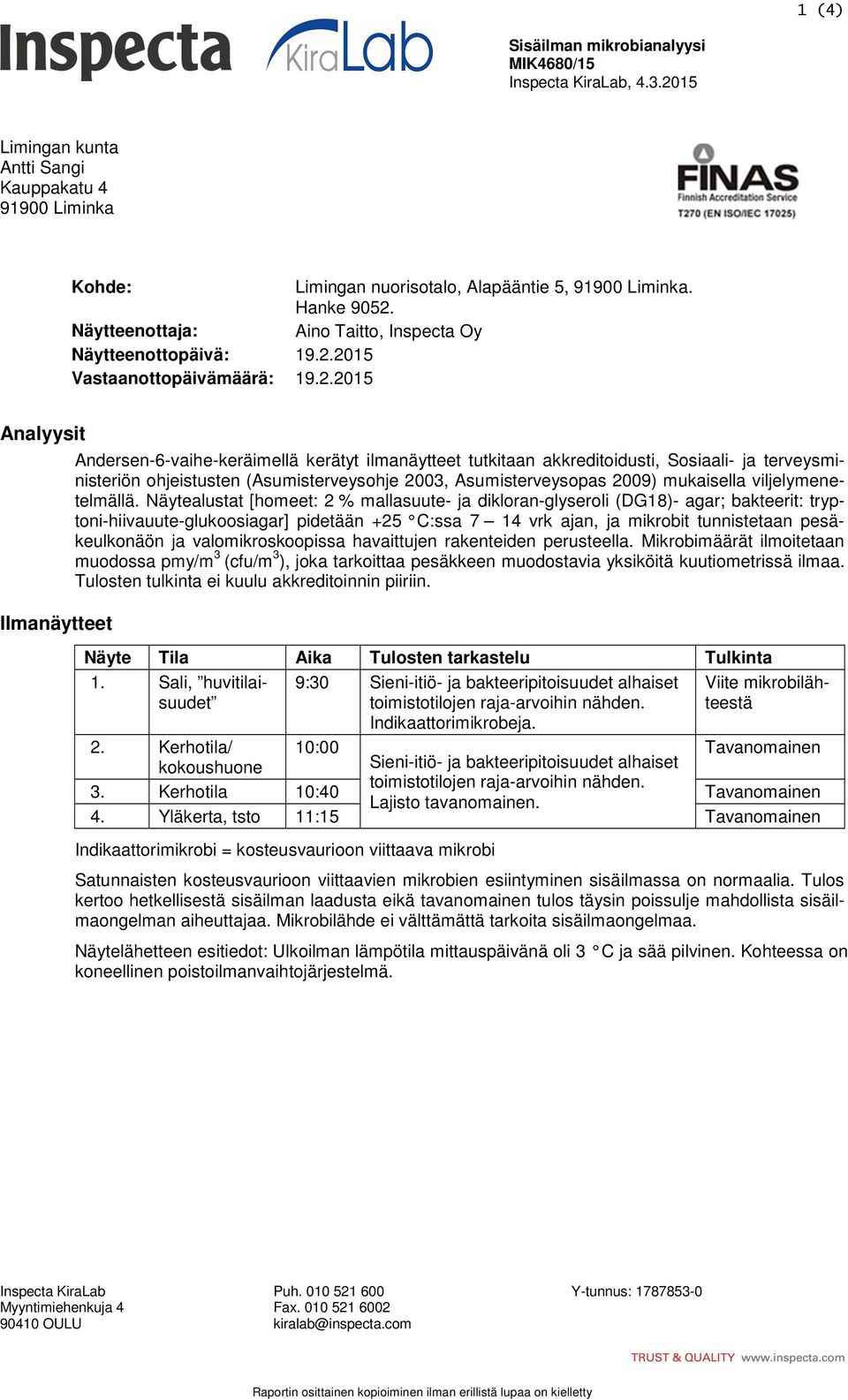 2015 Vastaanottopäivämäärä: 19.2.2015 Analyysit Ilmanäytteet Andersen-6-vaihe-keräimellä kerätyt ilmanäytteet tutkitaan akkreditoidusti, Sosiaali- ja terveysministeriön ohjeistusten