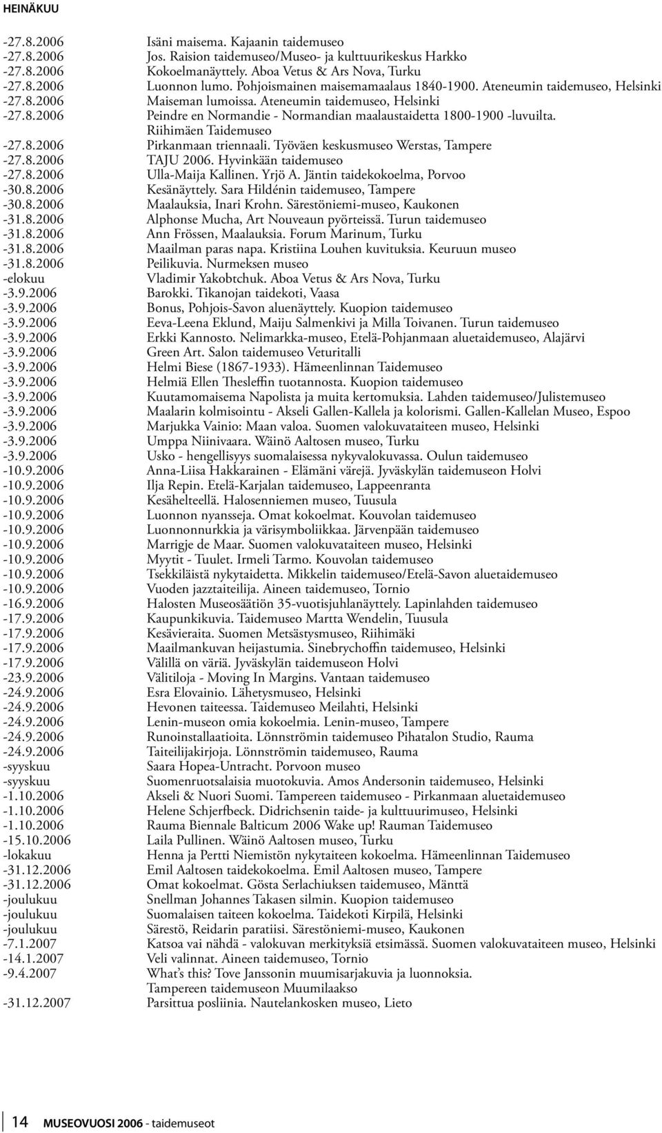 Riihimäen Taidemuseo -27.8.2006 Pirkanmaan triennaali. Työväen keskusmuseo Werstas, Tampere -27.8.2006 TAJU 2006. Hyvinkään taidemuseo -27.8.2006 Ulla-Maija Kallinen. Yrjö A.