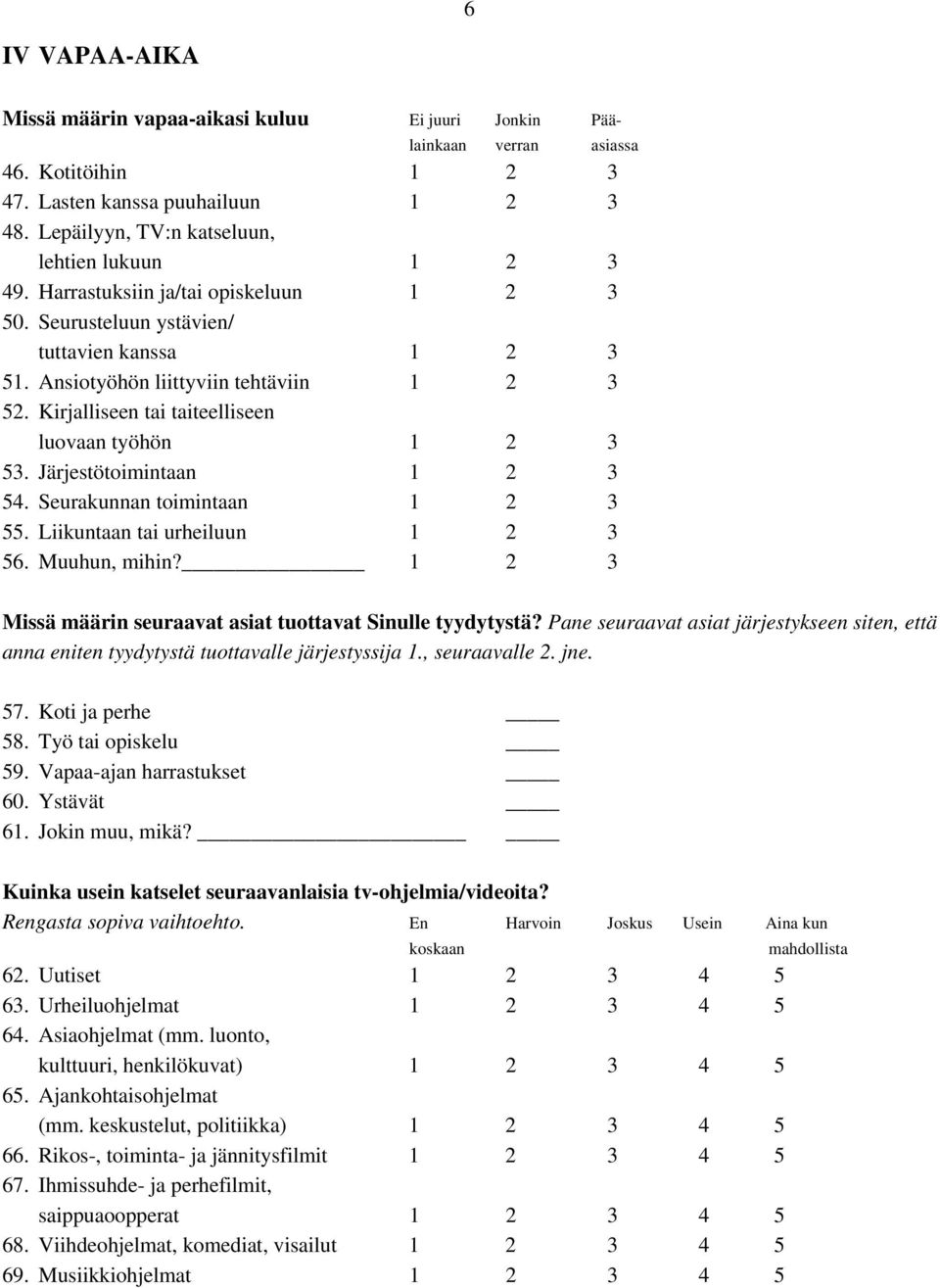 Kirjalliseen tai taiteelliseen luovaan työhön 1 2 3 53. Järjestötoimintaan 1 2 3 54. Seurakunnan toimintaan 1 2 3 55. Liikuntaan tai urheiluun 1 2 3 56. Muuhun, mihin?