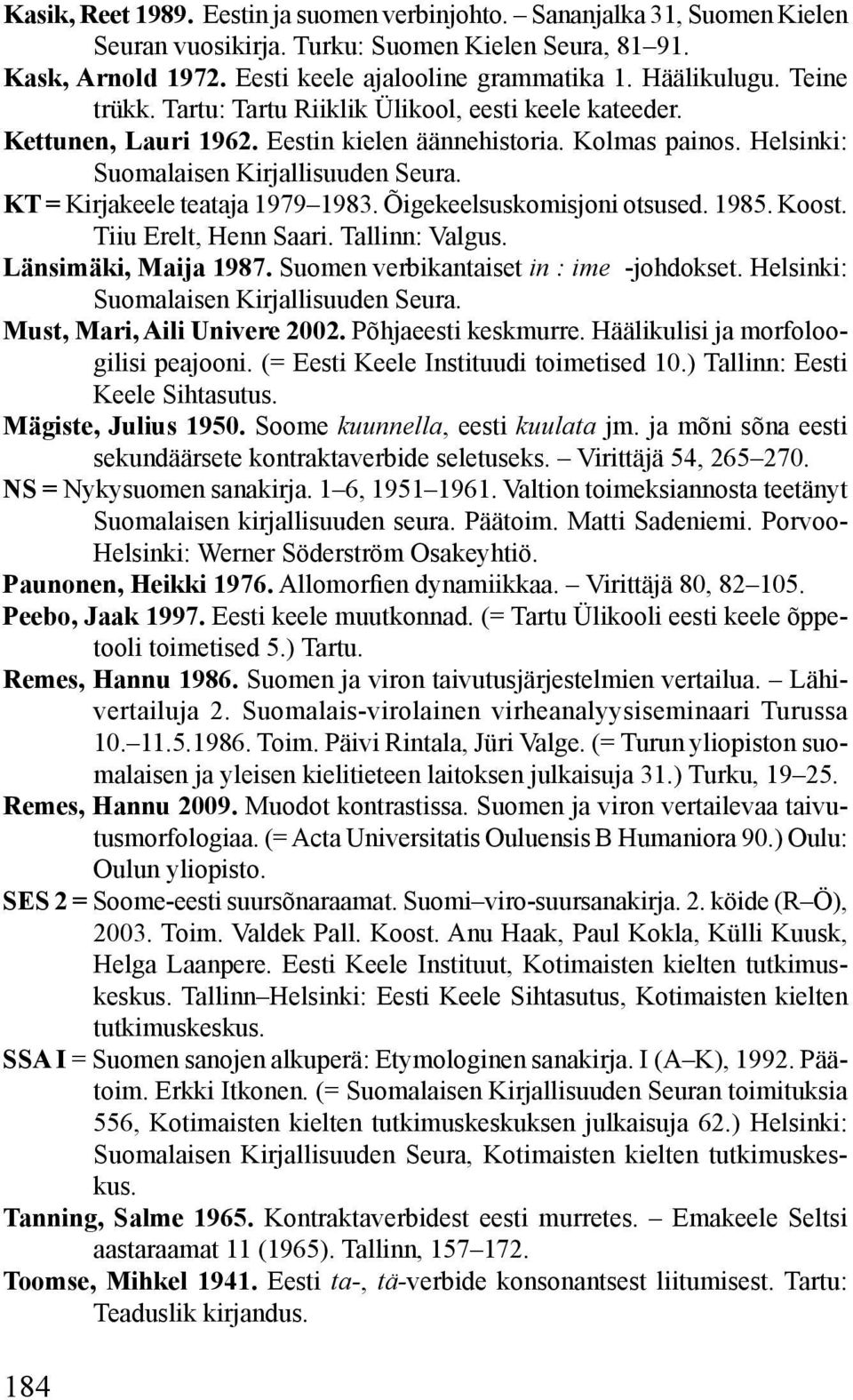 KT = Kirjakeele teataja 1979 1983. Õigekeelsuskomisjoni otsused. 1985. Koost. Tiiu Erelt, Henn Saari. Tallinn: Valgus. Länsimäki, Maija 1987. Suomen verbikantaiset in : ime -johdokset.