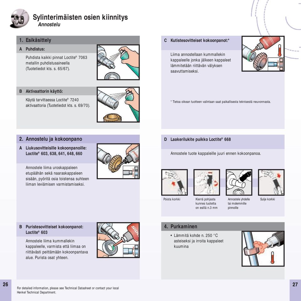 B Aktivaattorin käyttö: Käytä tarvittaessa Loctite 7240 aktivaattoria (Tuotetiedot kts. s. 69/70). * Tietoa oikean tuotteen valintaan saat paikallisesta teknisestä neuvonnasta. 2.