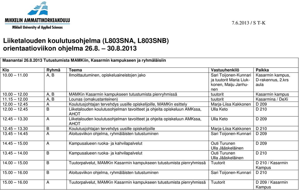 00 A, B MAMKin Kasarmin kampukseen tutustumista pienryhmissä tuutorit Kasarmin kampus 11.15 12.00 A, B Lounas (omakustanteinen) tuutorit Kasarmina / DeXi 12.00 12.