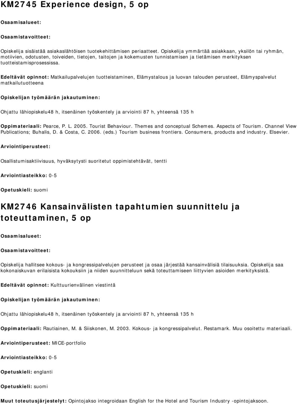 Edeltävät opinnot: Matkailupalvelujen tuotteistaminen, Elämystalous ja luovan talouden perusteet, Elämyspalvelut matkailutuotteena Ohjattu lähiopiskelu48 h, itsenäinen työskentely ja arviointi 87 h,