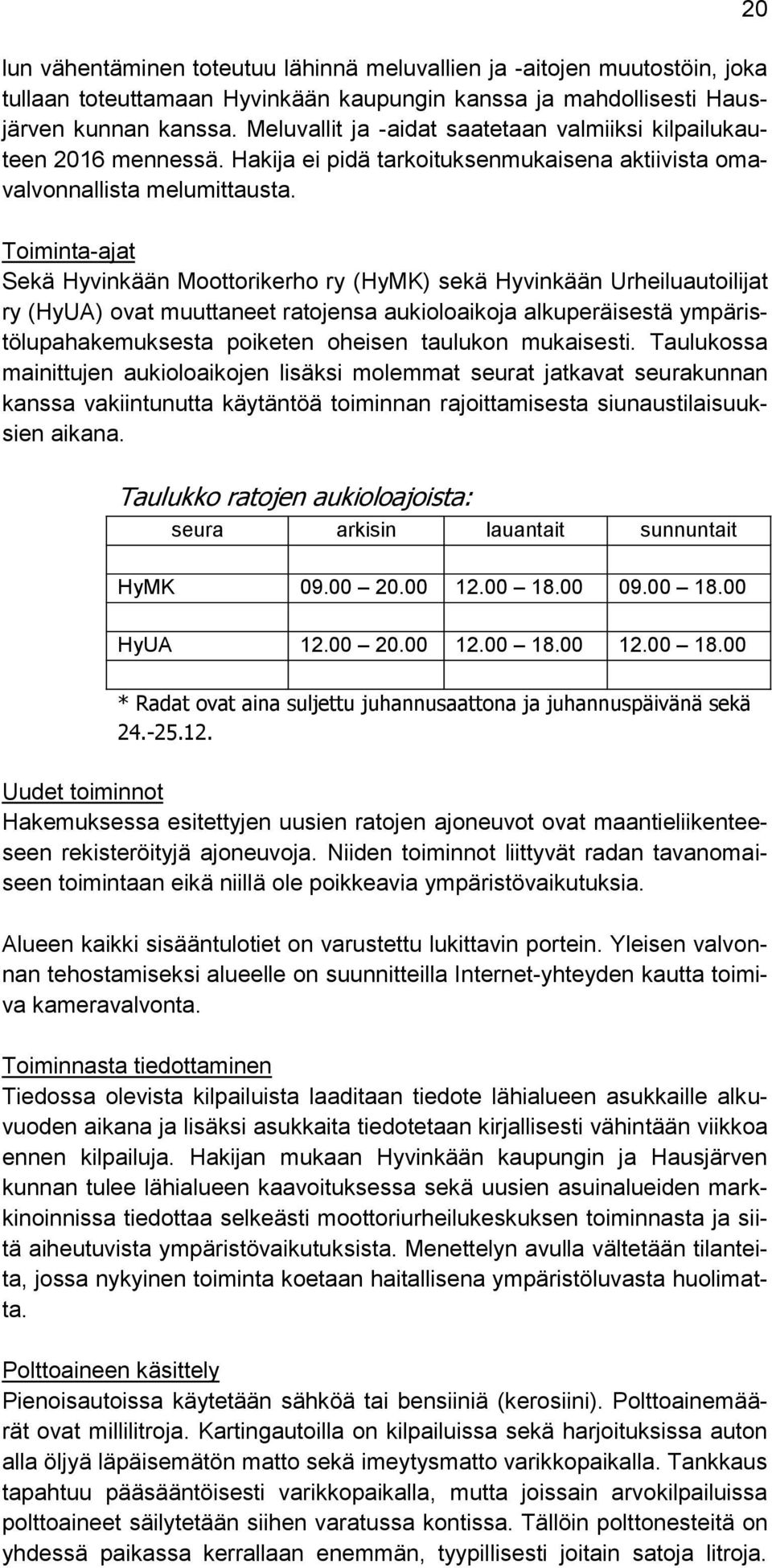 Toiminta-ajat Sekä Hyvinkään Moottorikerho ry (HyMK) sekä Hyvinkään Urheiluautoilijat ry (HyUA) ovat muuttaneet ratojensa aukioloaikoja alkuperäisestä ympäristölupahakemuksesta poiketen oheisen