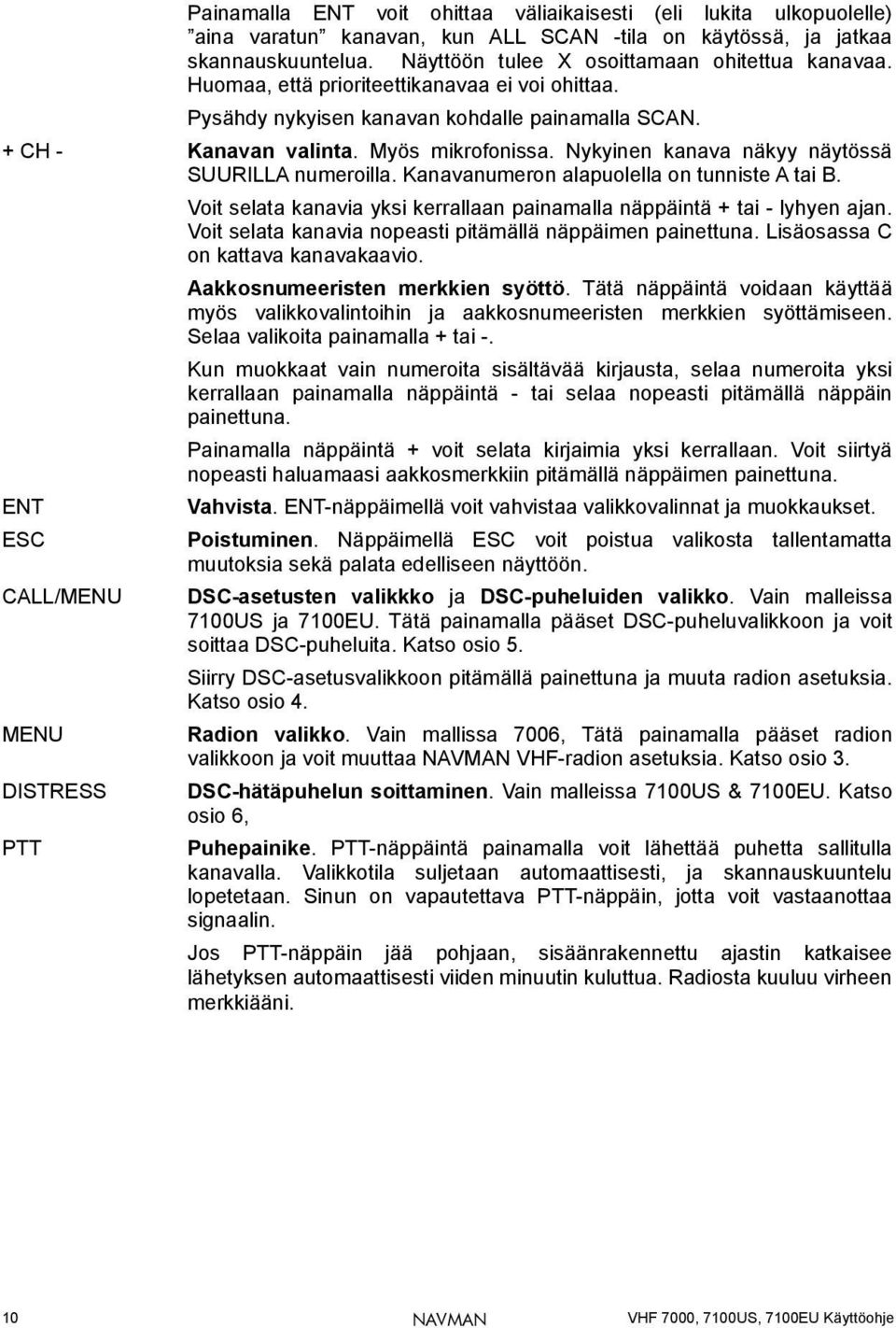Kanavanumeron alapuolella on tunniste A tai B. ENT ESC CALL/MENU MENU DISTRESS PTT Voit selata kanavia yksi kerrallaan painamalla näppäintä + tai - lyhyen ajan.
