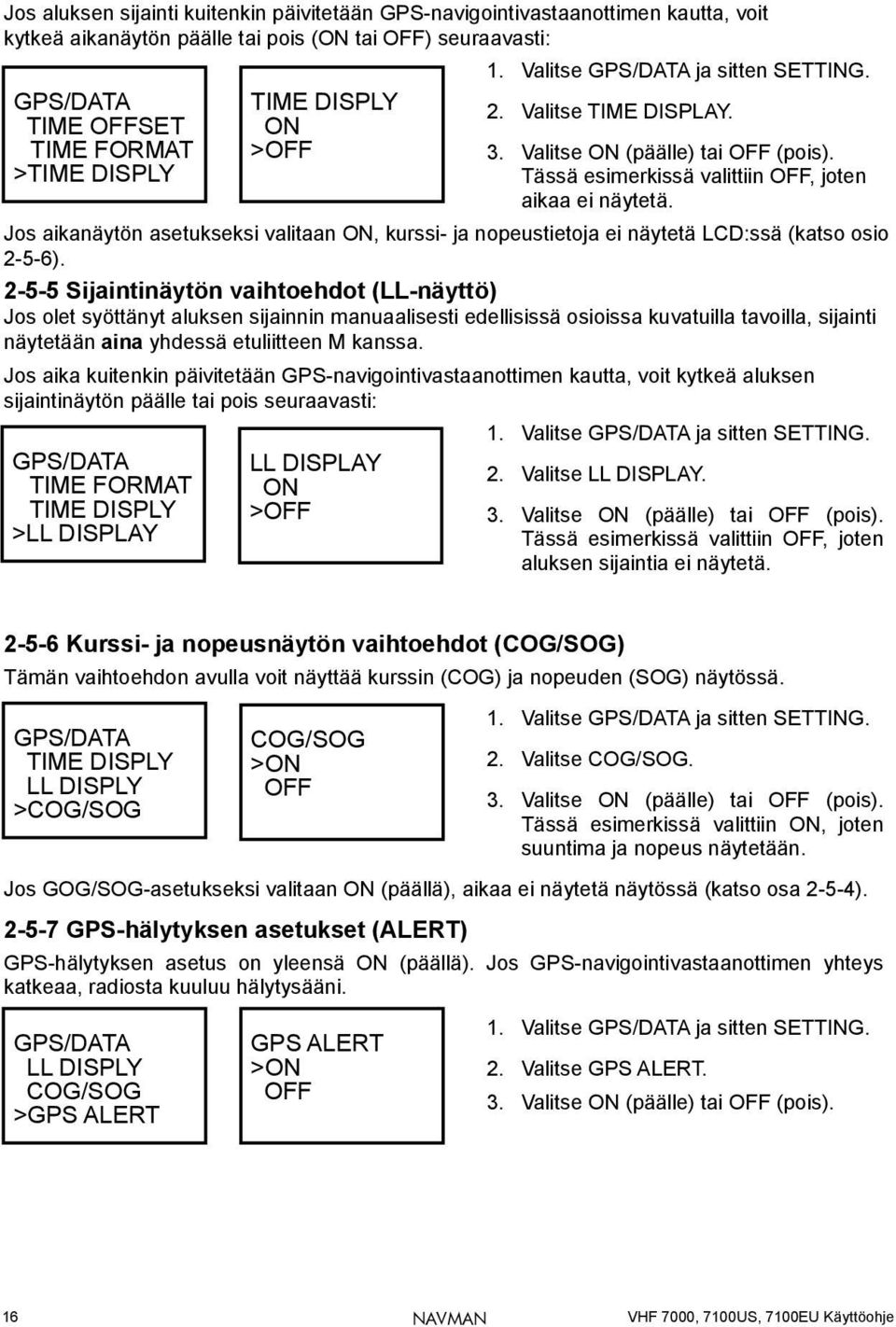Jos aikanäytön asetukseksi valitaan ON, kurssi- ja nopeustietoja ei näytetä LCD:ssä (katso osio 2-5-6).