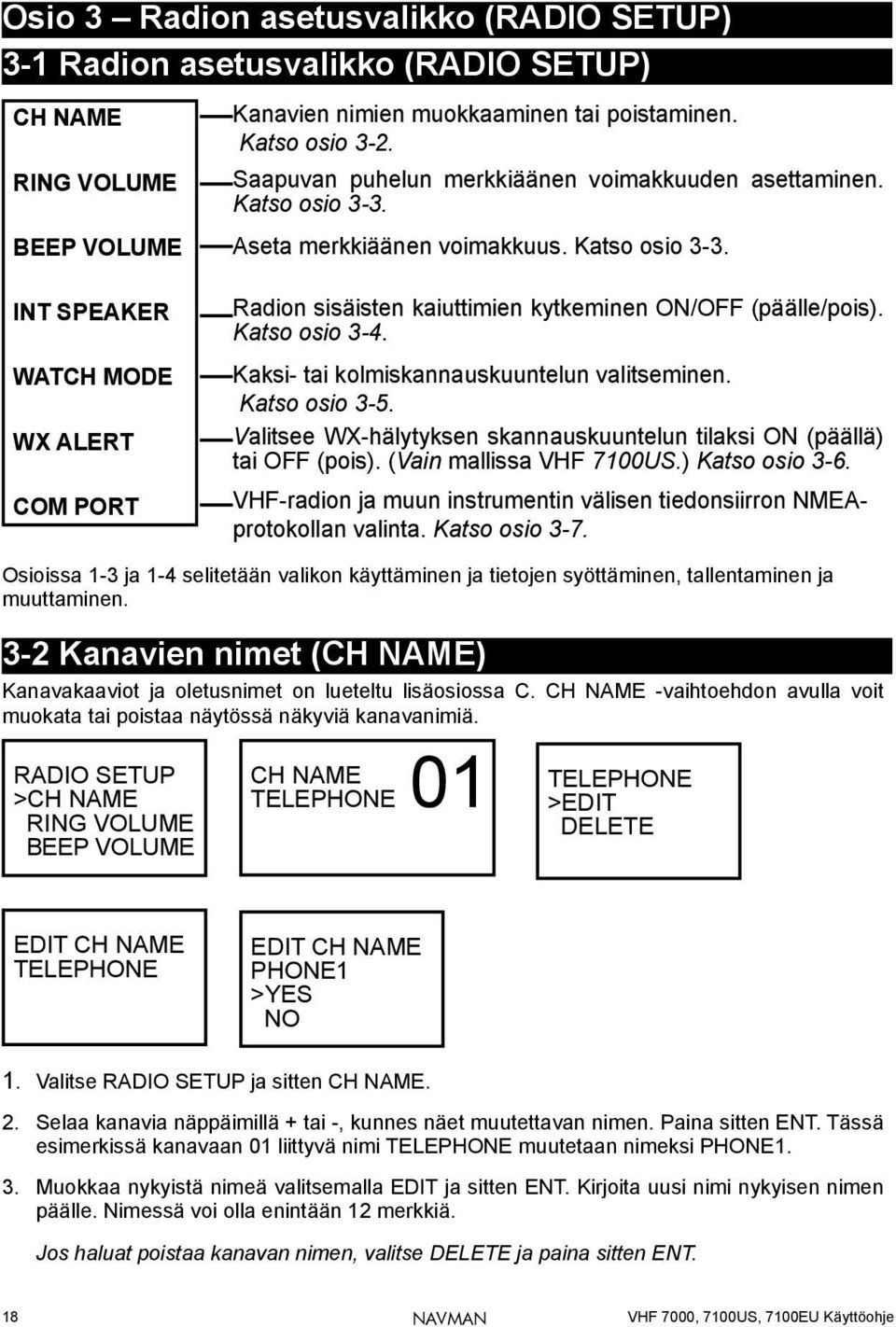 Katso osio 3-4. Kaksi- tai kolmiskannauskuuntelun valitseminen. Katso osio 3-5. Valitsee WX-hälytyksen skannauskuuntelun tilaksi ON (päällä) tai OFF (pois). (Vain mallissa VHF 7100US.) Katso osio 3-6.