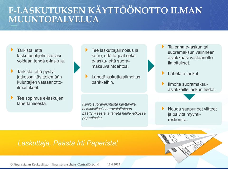 Kerro suoraveloitusta käyttäville asiakkaillesi suoraveloituksen päättymisestä ja lähetä heille jatkossa paperilasku.