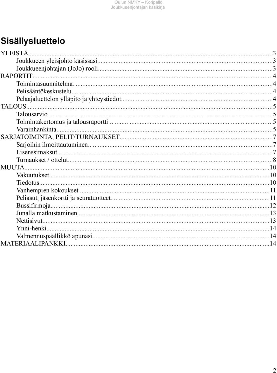 ..5 SARJATOIMINTA, PELIT/TURNAUKSET...7 Sarjoihin ilmoittautuminen...7 Lisenssimaksut...7 Turnaukset / ottelut...8 MUUTA...10 Vakuutukset...10 Tiedotus.