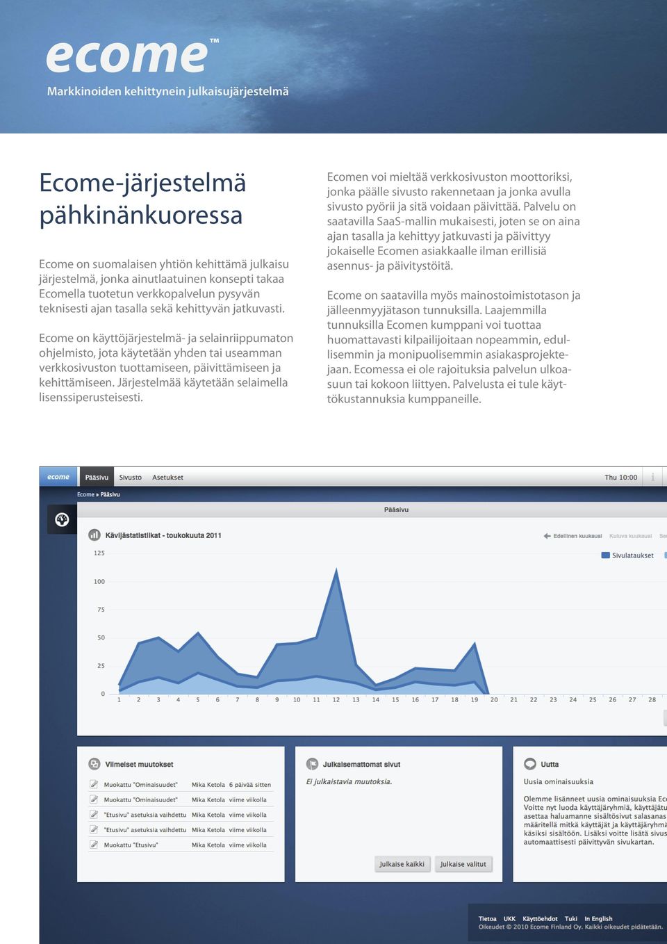 Järjestelmää käytetään selaimella lisenssiperusteisesti. Ecomen voi mieltää verkkosivuston moottoriksi, jonka päälle sivusto rakennetaan ja jonka avulla sivusto pyörii ja sitä voidaan päivittää.