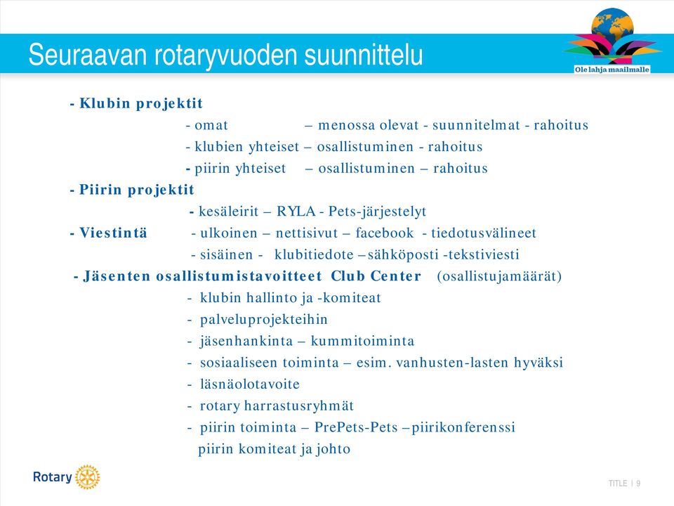 sähköposti -tekstiviesti - Jäsenten osallistumistavoitteet Club Center (osallistujamäärät) - klubin hallinto ja -komiteat - palveluprojekteihin - jäsenhankinta