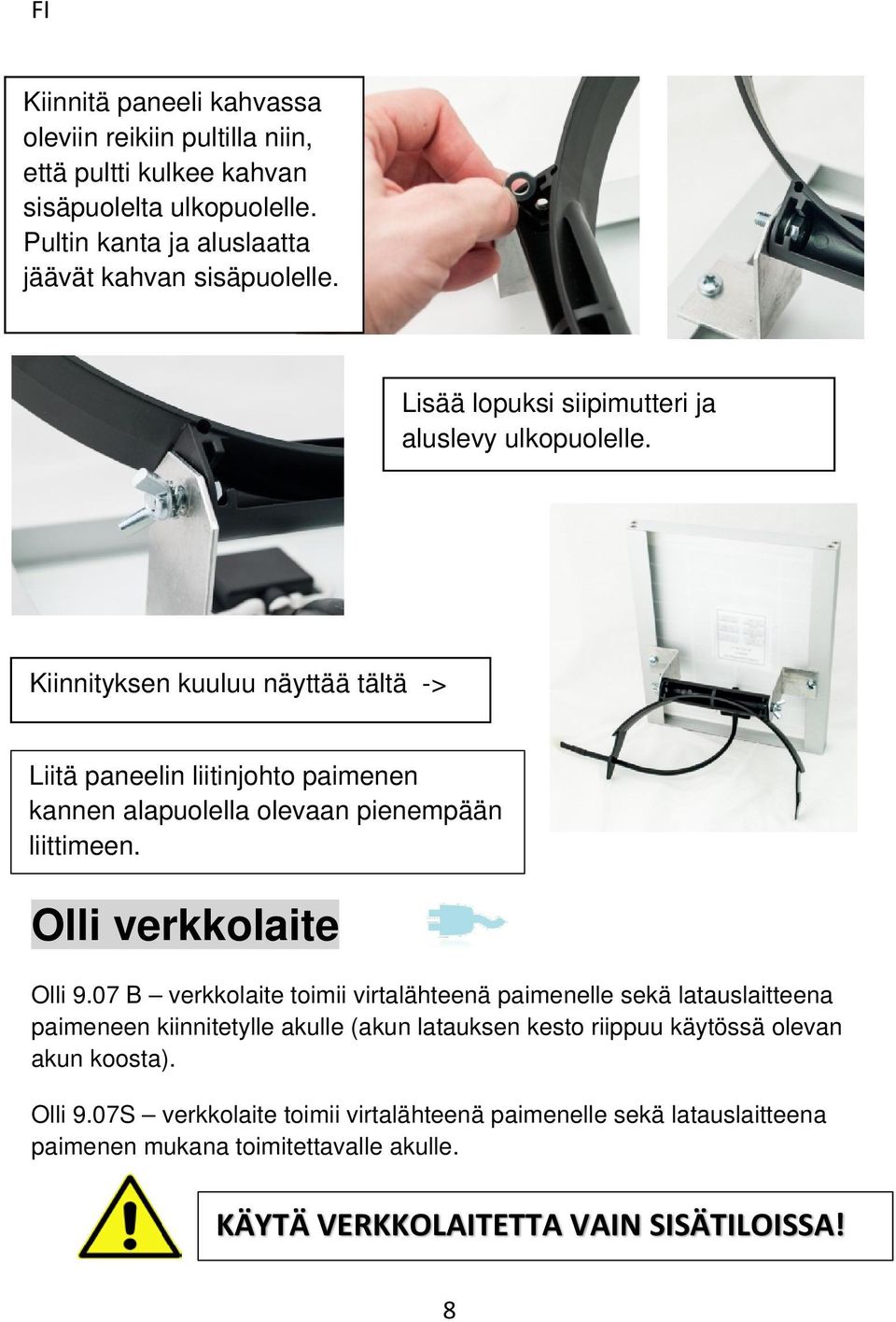 Kiinnityksen kuuluu näyttää tältä -> Liitä paneelin liitinjohto paimenen kannen alapuolella olevaan pienempään liittimeen. Olli verkkolaite Olli 9.