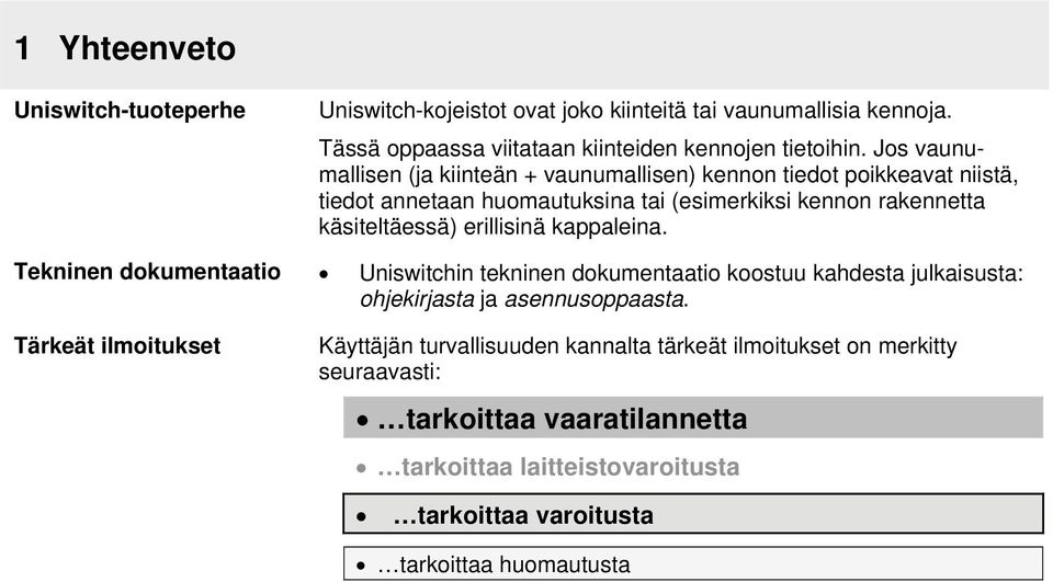 erillisinä kappaleina. Tekninen dokumentaatio Uniswitchin tekninen dokumentaatio koostuu kahdesta julkaisusta: ohjekirjasta ja asennusoppaasta.