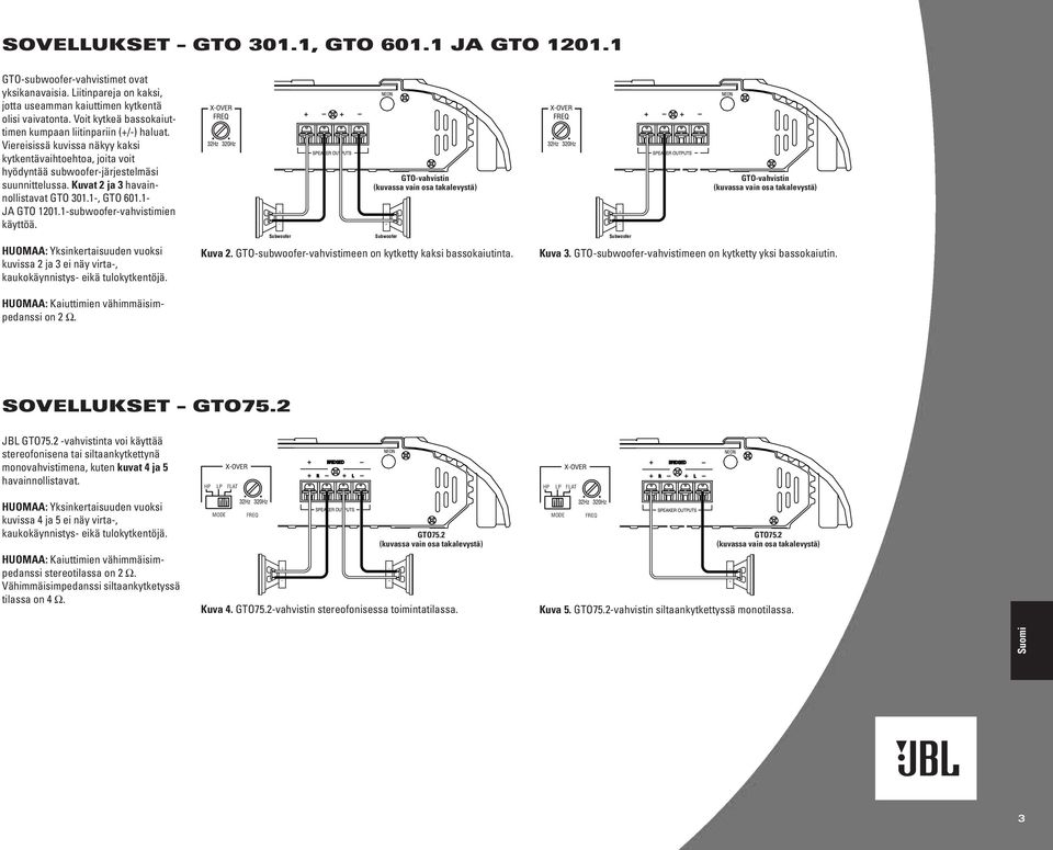 Kuvat 2 ja 3 havainnollistavat GTO 301.1-, GTO 601.1- JA GTO 1201.1-subwoofer-vahvistimien käyttöä. HUOMAA: Yksinkertaisuuden vuoksi kuvissa 2 ja 3 ei näy virta-, kaukokäynnistys- eikä tulokytkentöjä.