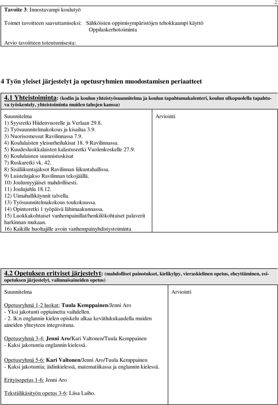 1 Yhteistoiminta: (kodin ja koulun yhteistyösuunnitelma ja koulun tapahtumakalenteri, koulun ulkopuolella tapahtuva työskentely, yhteistoiminta muiden tahojen kanssa) 1) Syysretki Hiidenvuorelle ja