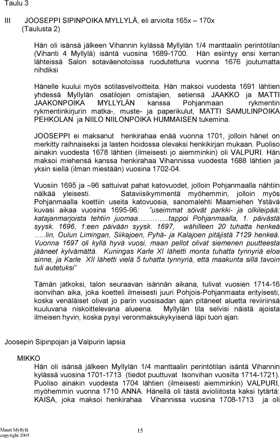 Hän maksoi vuodesta 1691 lähtien yhdessä Myllylän osatilojen omistajien, setiensä JAAKKO ja MATTI JAAKONPOIKA MYLLYLÄN kanssa Pohjanmaan rykmentin rykmentinkirjurin matka-, muste- ja paperikulut,