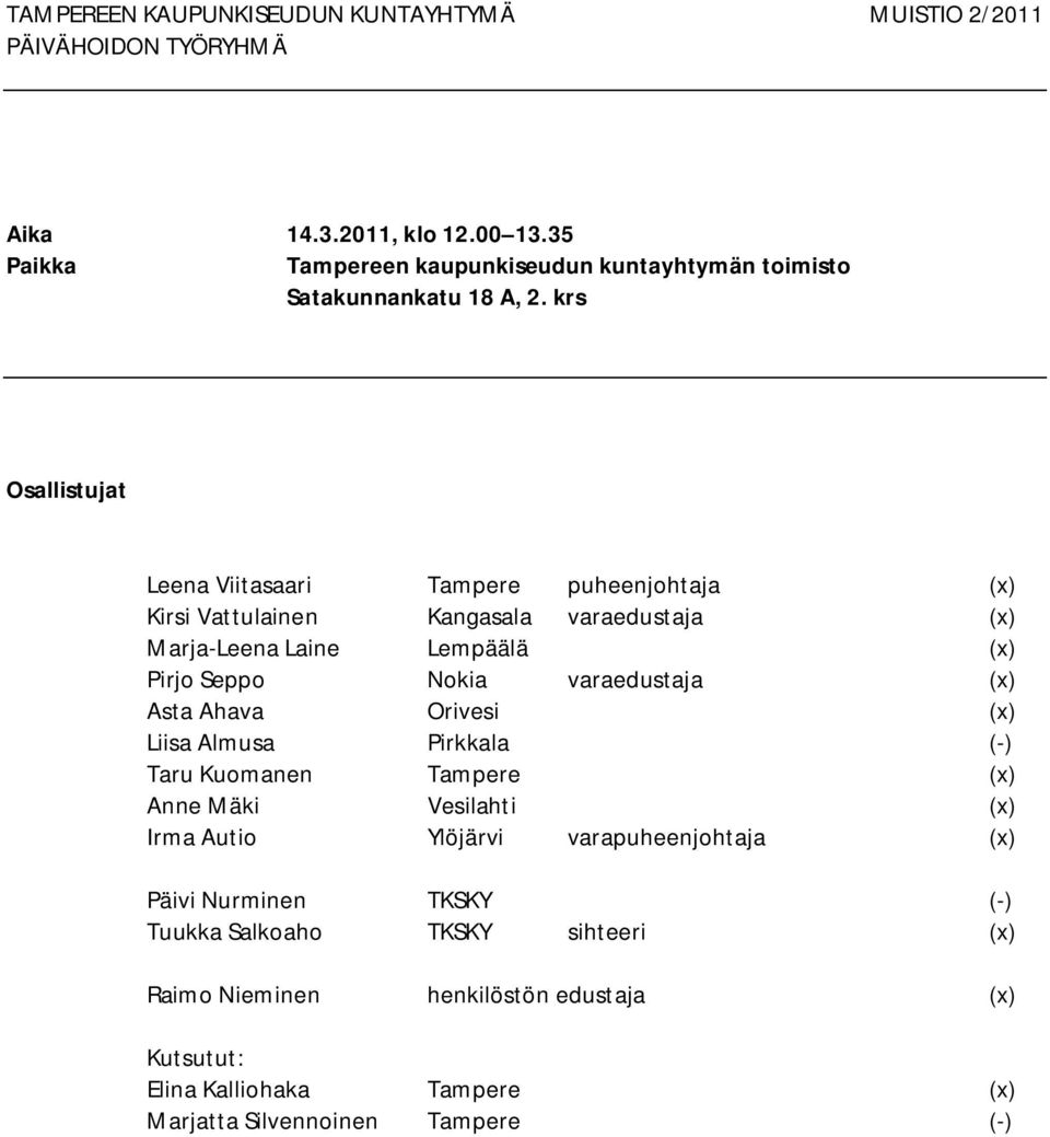 Nokia varaedustaja (x) Asta Ahava Orivesi (x) Liisa Almusa Pirkkala ( ) Taru Kuomanen Tampere (x) Anne Mäki Vesilahti (x) Irma Autio Ylöjärvi