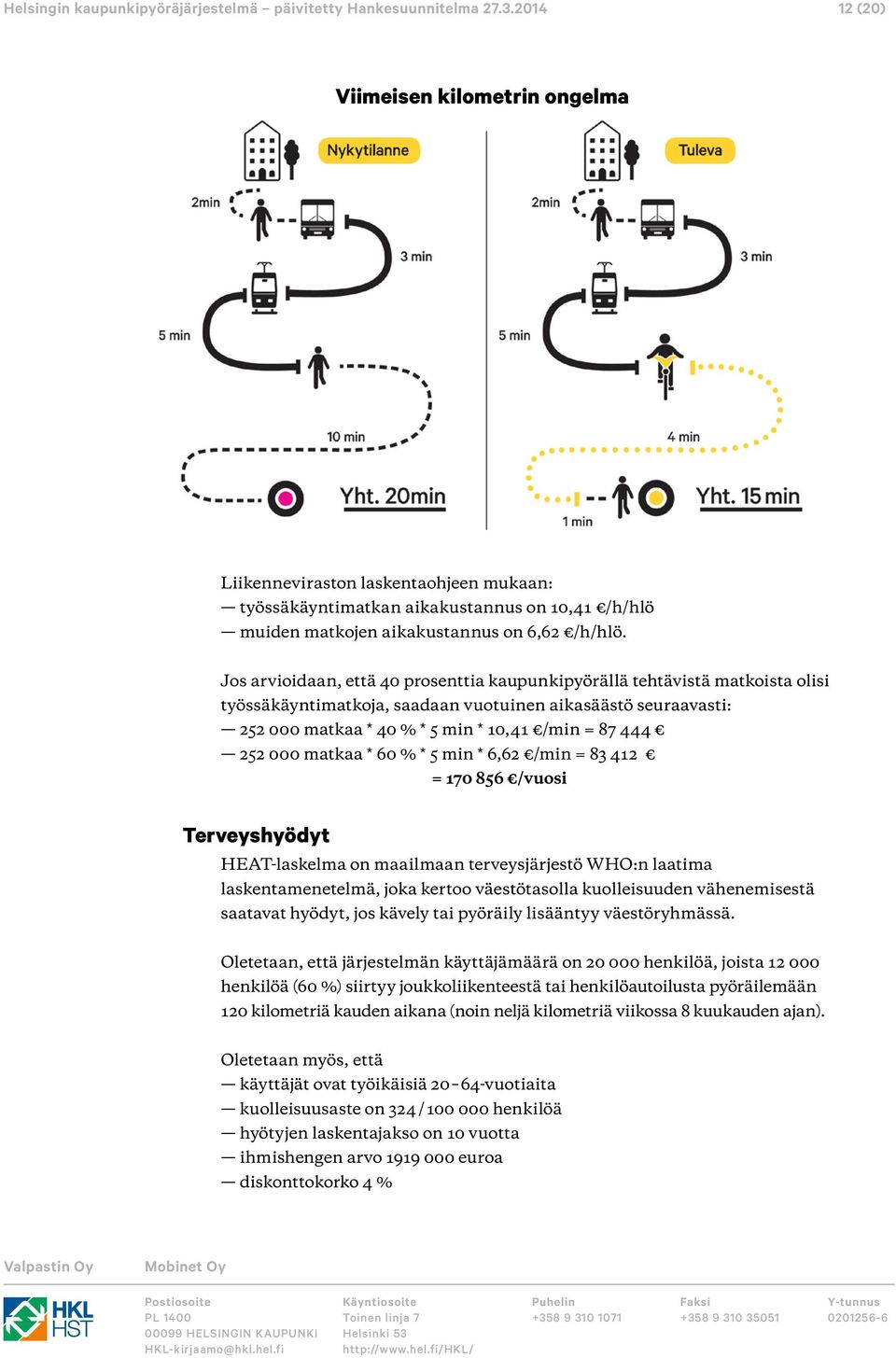 6 % * 5 min * 6,62 /min = 83 412 = 17 856 /vuosi Terveyshyödyt HEAT-laskelma on maailmaan terveysjärjestö WHO:n laatima laskentamenetelmä, joka kertoo väestötasolla kuolleisuuden vähenemisestä