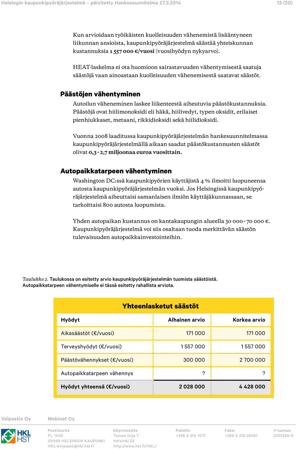 Päästöjen vähentyminen Autoilun väheneminen laskee liikenteestä aiheutuvia päästökustannuksia.