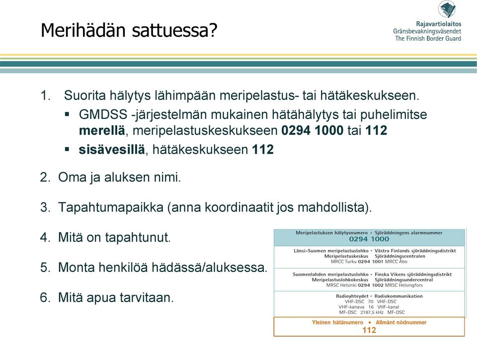 1000 tai 112 sisävesillä, hätäkeskukseen 112 2. Oma ja aluksen nimi. 3.