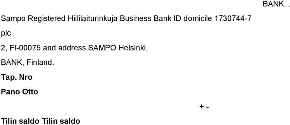 FI-00075 and address SAMPO Helsinki, BANK,