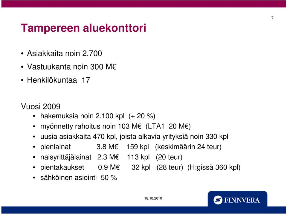 100 kpl (+ 20 %) myönnetty rahoitus noin 103 M (LTA1 20 M ) uusia asiakkaita 470 kpl, joista alkavia