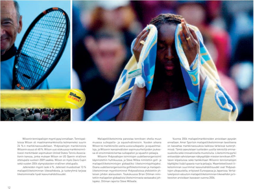 Wilson on myös Davis Cupin sekä vuoden 2004 olympialaisten virallinen ottelupallo. Jalkineiden myynti laski 4 %.