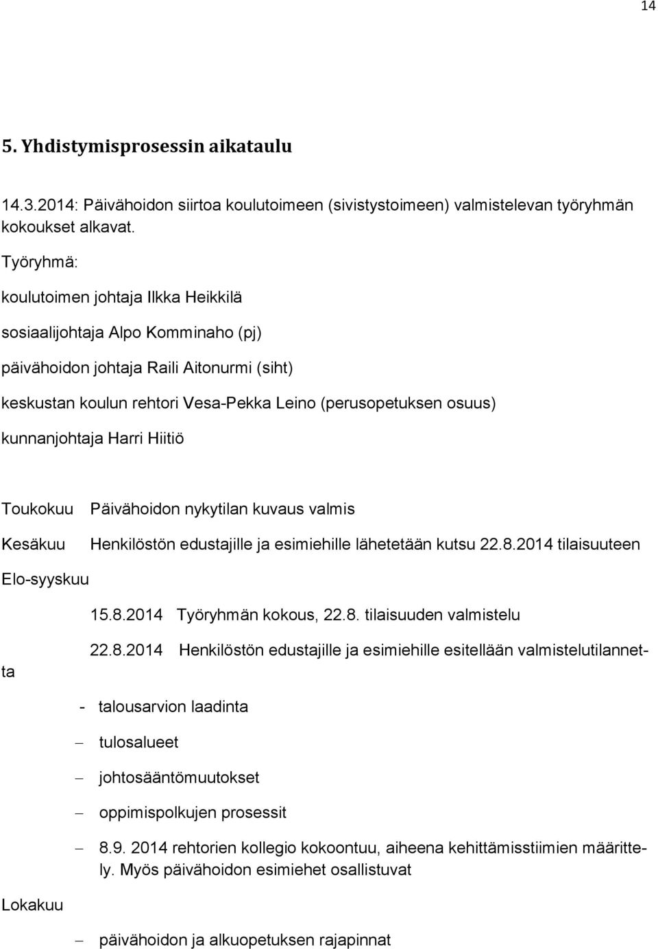 kunnanjohtaja Harri Hiitiö Toukokuu Päivähoidon nykytilan kuvaus valmis Kesäkuu Henkilöstön edustajille ja esimiehille lähetetään kutsu 22.8.2014 tilaisuuteen Elo-syyskuu 15.8.2014 Työryhmän kokous, 22.