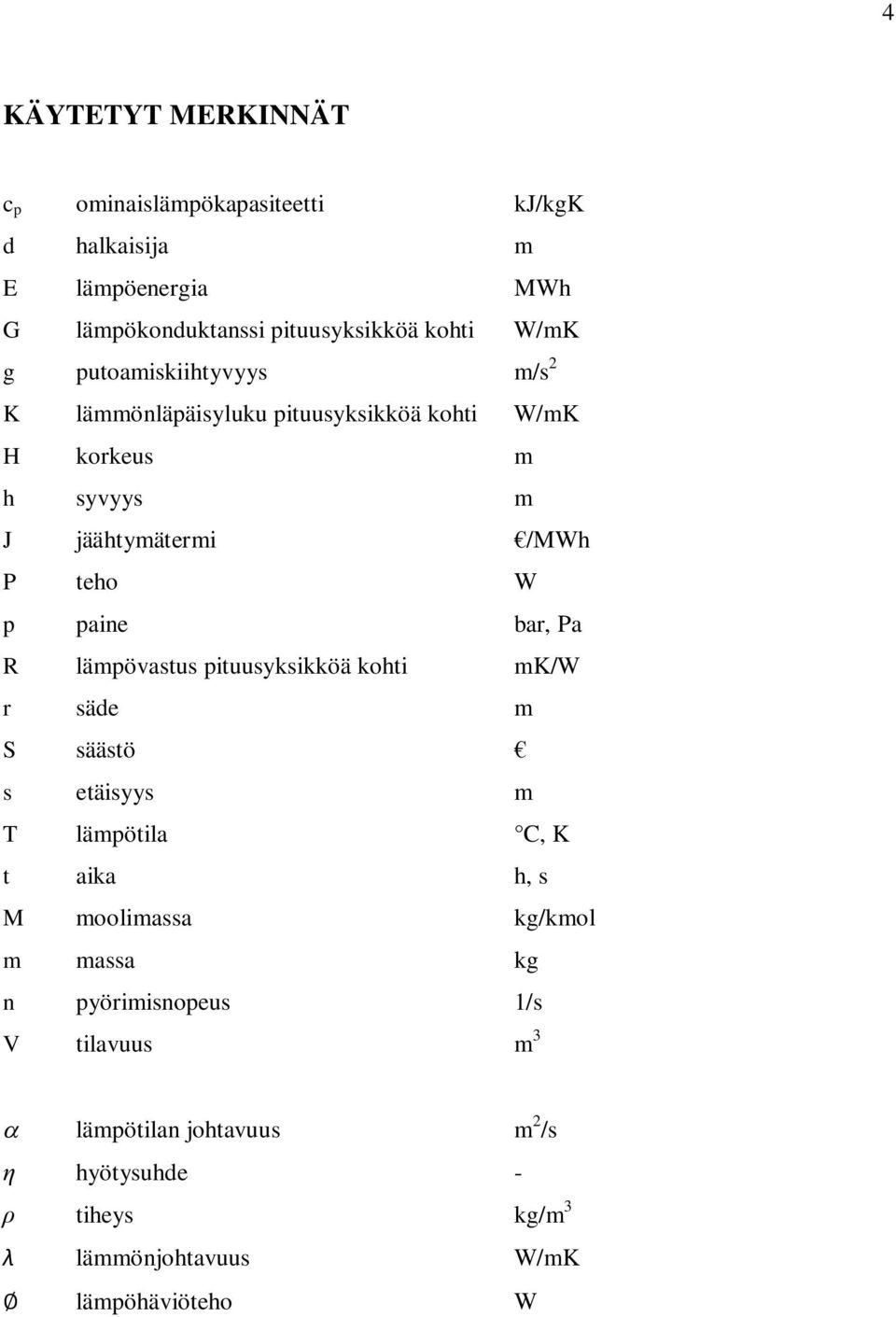 paine bar, Pa R lämpövastus pituusyksikköä kohti mk/w r säde m S säästö s etäisyys m T lämpötila C, K t aika h, s M moolimassa kg/kmol