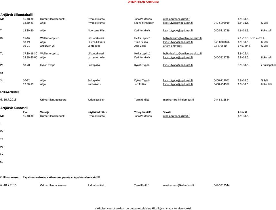 lepisto@wellamo-opisto.fi 7.1.-18.3. & 15.4.-29.4. 18-19 Ahjo Lasten liikunta Tiina Pekko kyosti.typpo@pp1.inet.fi 040-8209856 1.9.-31.5. ½ Sali 19-21 Artjärven OP Lentopallo Arja Vilen arja.vilen@op.