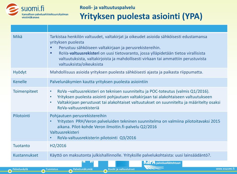 RoVa-valtuusrekisteri on uusi tietovaranto, jossa ylläpidetään tietoa virallisista valtuutuksista, valtakirjoista ja mahdollisesti virkaan tai ammattiin perustuvista valtuuksista/oikeuksista