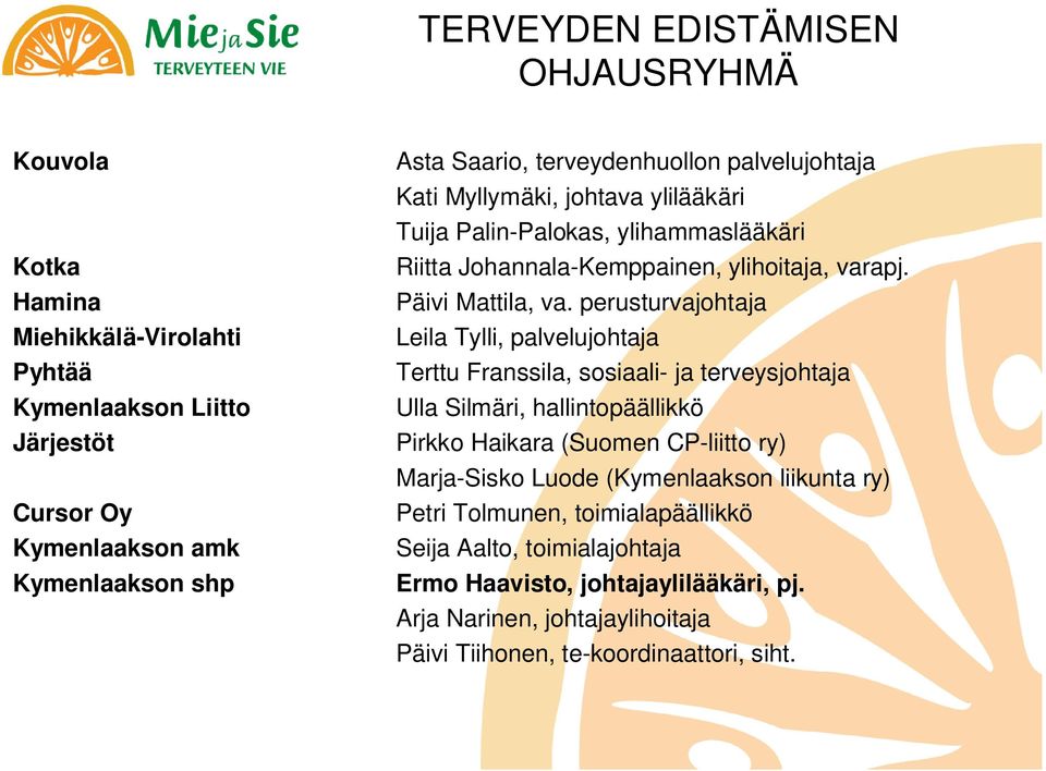 perusturvajohtaja Leila Tylli, palvelujohtaja Terttu Franssila, sosiaali- ja terveysjohtaja Ulla Silmäri, hallintopäällikkö Pirkko Haikara (Suomen CP-liitto ry) Marja-Sisko Luode
