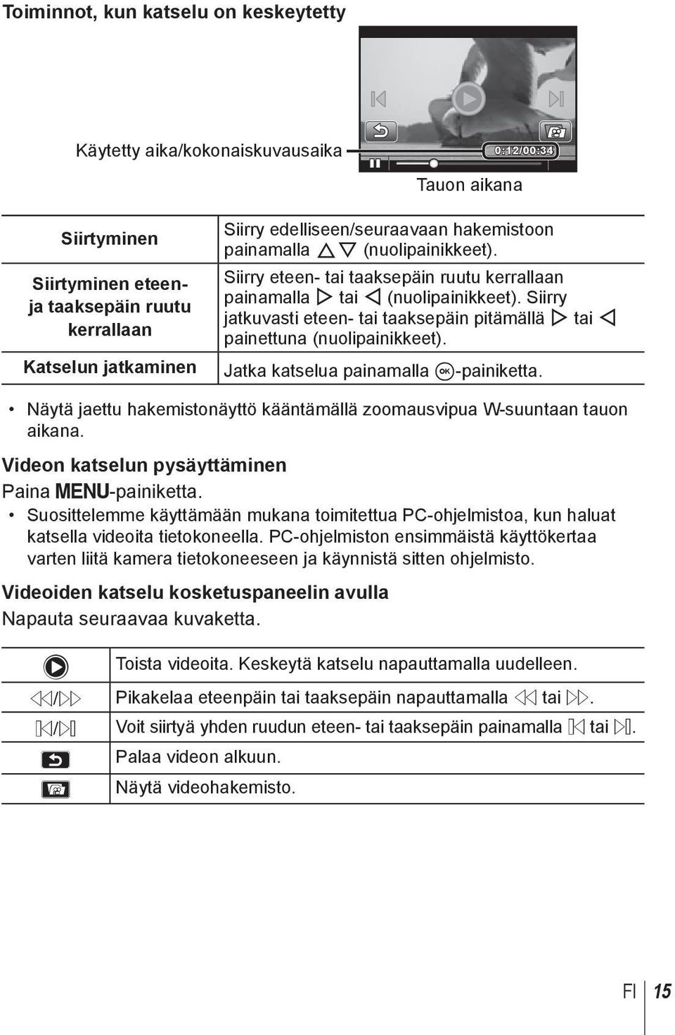 Siirry jatkuvasti eteen- tai taaksepäin pitämällä I tai H painettuna (nuolipainikkeet). Jatka katselua painamalla A-painiketta.