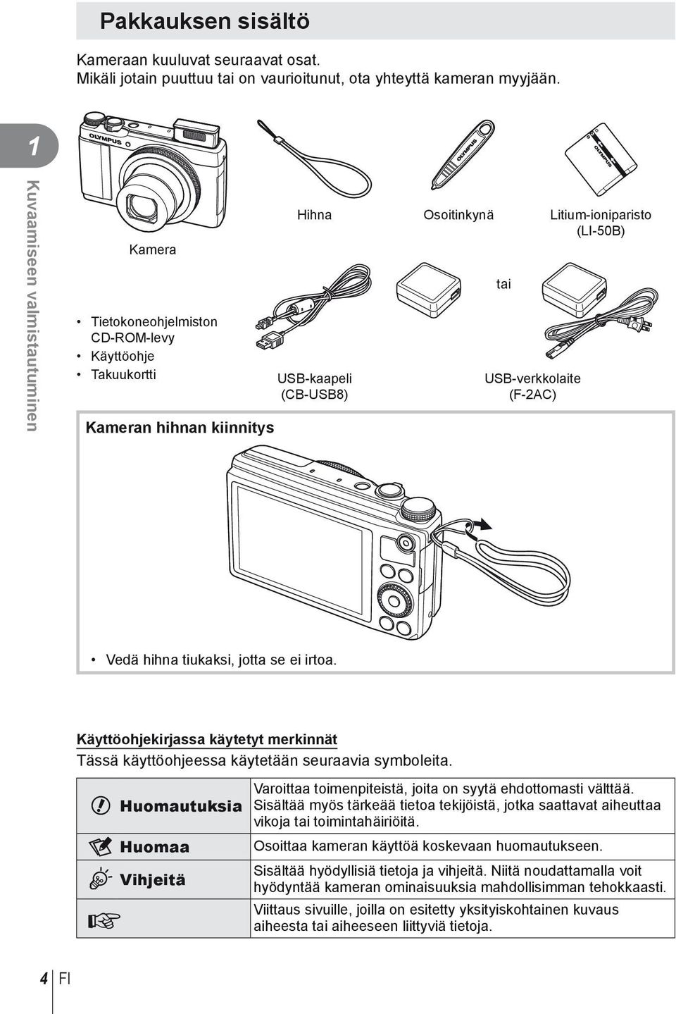 USB-verkkolaite (F-2AC) Vedä hihna tiukaksi, jotta se ei irtoa. Käyttöohjekirjassa käytetyt merkinnät Tässä käyttöohjeessa käytetään seuraavia symboleita.