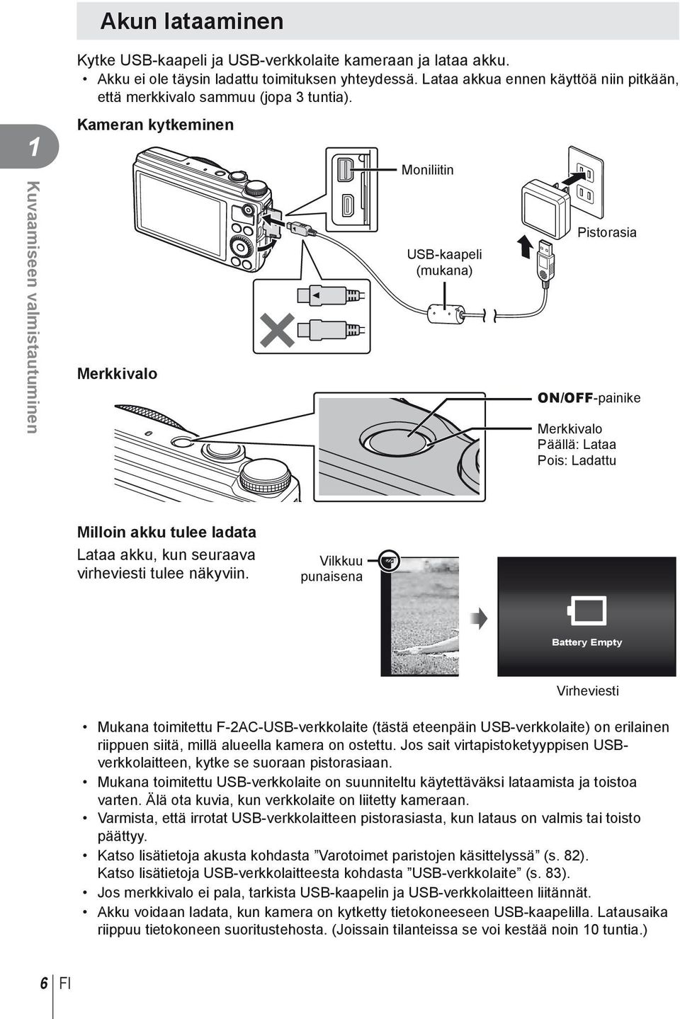 Kameran kytkeminen Merkkivalo Moniliitin USB-kaapeli (mukana) Pistorasia ON/OFF-painike Merkkivalo Päällä: Lataa Pois: Ladattu Milloin akku tulee ladata Lataa akku, kun seuraava virheviesti tulee