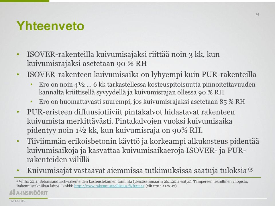 diffuusiotiiviit pintakalvot hidastavat rakenteen kuivumista merkittävästi. Pintakalvojen vuoksi kuivumisaika pidentyy noin 1½ kk, kun kuivumisraja on 90% RH.