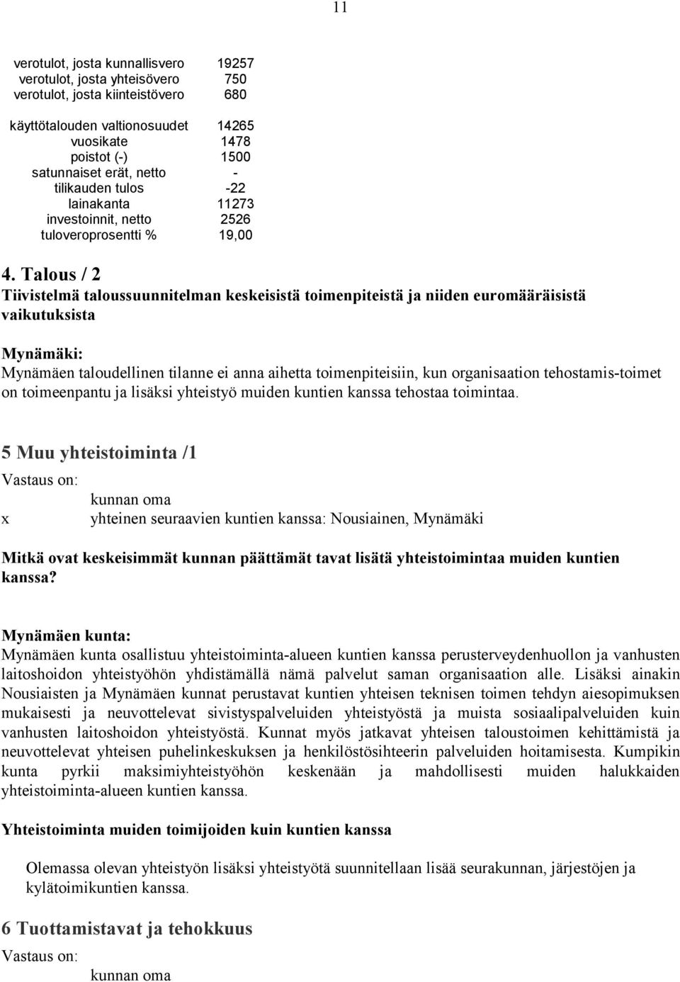 Talous / 2 Tiivistelmä taloussuunnitelman keskeisistä toimenpiteistä ja niiden euromääräisistä vaikutuksista Mynämäki: Mynämäen taloudellinen tilanne ei anna aihetta toimenpiteisiin, kun