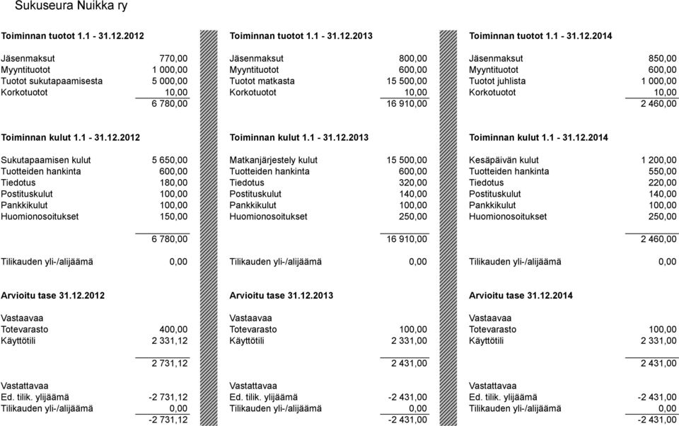 sukutapaamisesta 5 000,00 Tuotot matkasta 15 500,00 Tuotot juhlista 1 000,00 Korkotuotot 10,00 Korkotuotot 10,00 Korkotuotot 10,00 6 780,00 16 910,00 2 460,00 Toiminnan kulut 1.1-31.12.