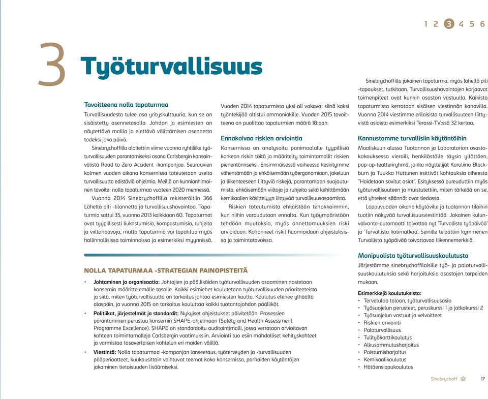 Ennakoivaa riskien arviointia Sinebrychoffilla aloitettiin viime vuonna ryhtiliike työturvallisuuden parantamiseksi osana Carlsbergin kansain- korkean riskin töitä ja määritelty toimintamallit