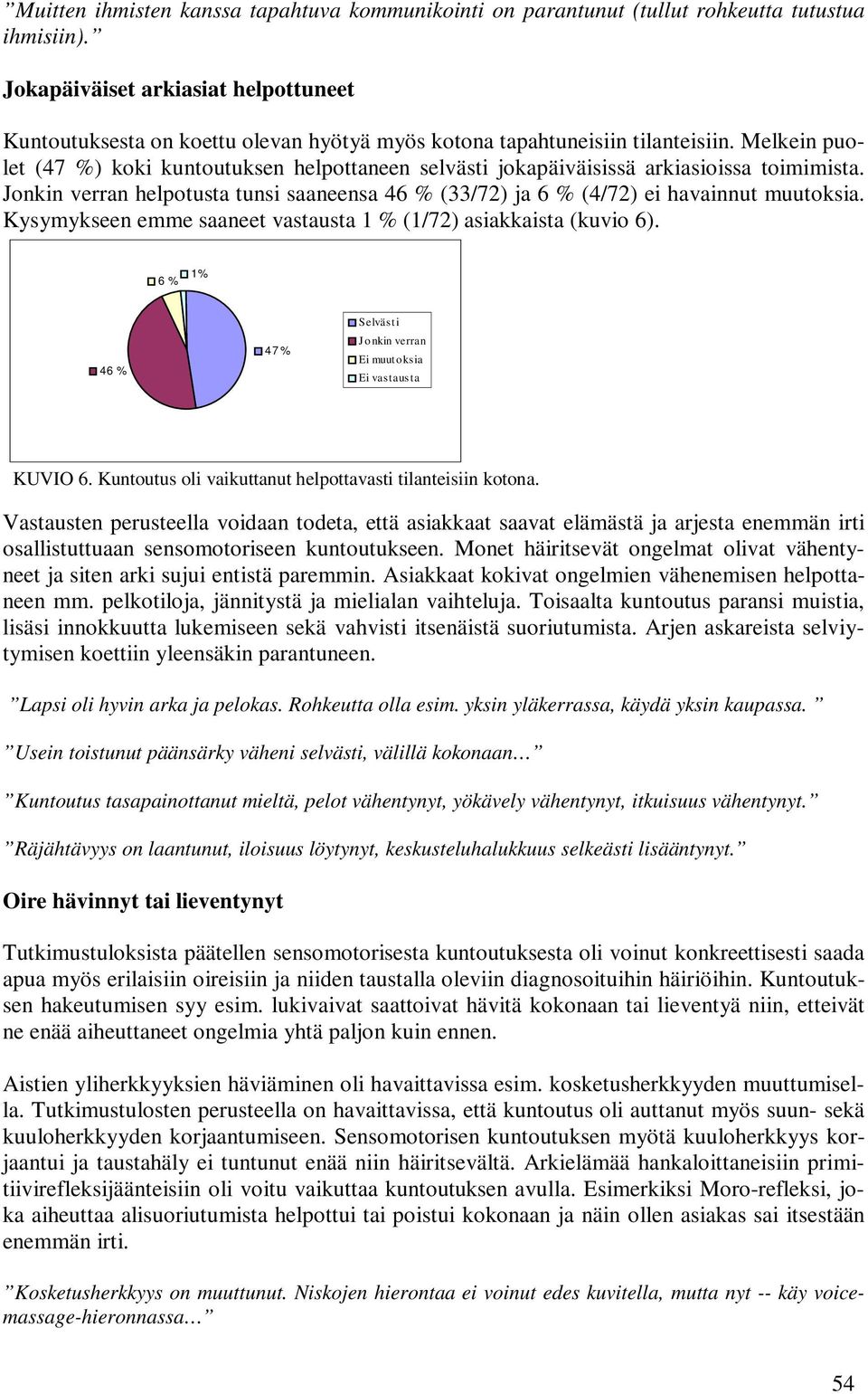 Melkein puolet (47 %) koki kuntoutuksen helpottaneen selvästi jokapäiväisissä arkiasioissa toimimista. Jonkin verran helpotusta tunsi saaneensa 46 % (33/72) ja 6 % (4/72) ei havainnut muutoksia.