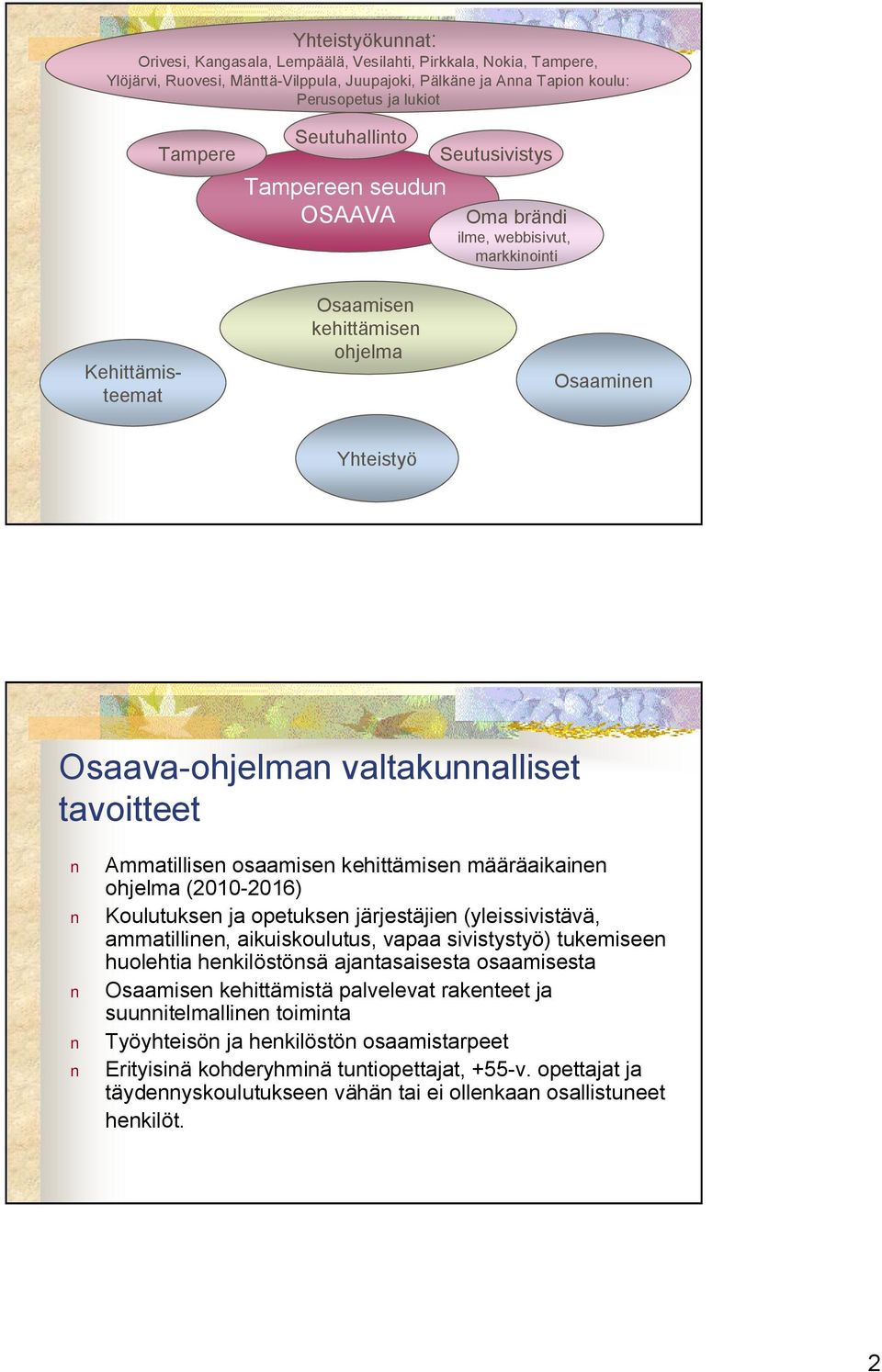 tavoitteet Ammatillisen osaamisen kehittämisen määräaikainen ohjelma (2010 2016) Koulutuksen ja opetuksen järjestäjien (yleissivistävä, ammatillinen, aikuiskoulutus, vapaa sivistystyö) tukemiseen