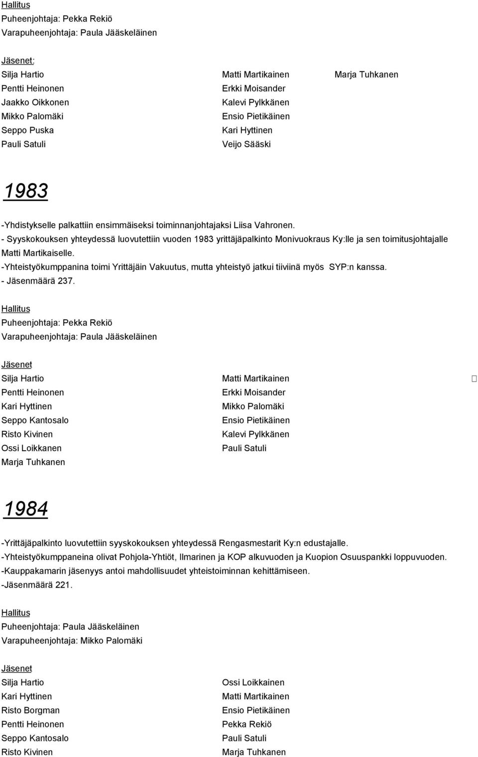 - Syyskokouksen yhteydessä luovutettiin vuoden 1983 yrittäjäpalkinto Monivuokraus Ky:lle ja sen toimitusjohtajalle Matti Martikaiselle.