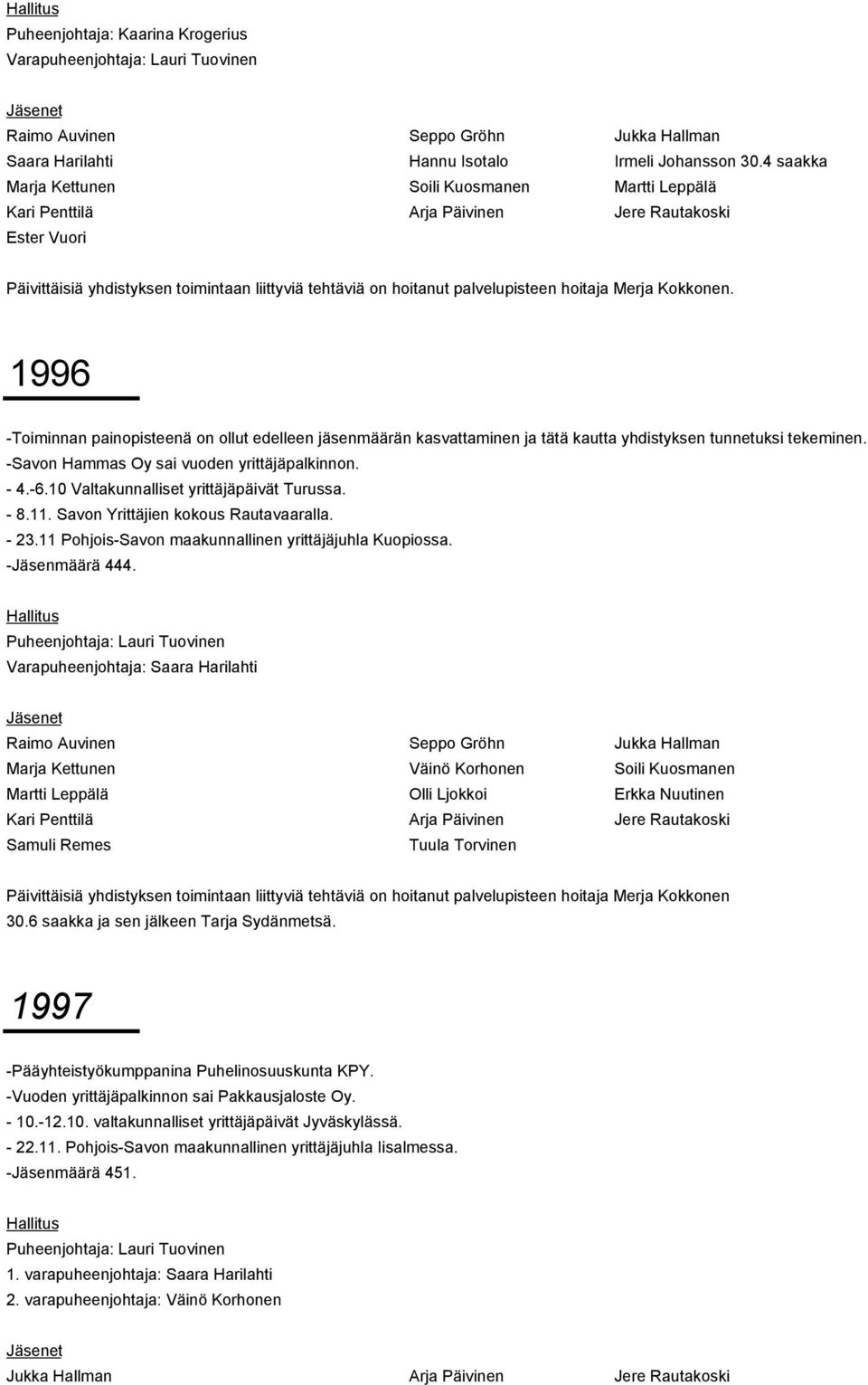 hoitaja Merja Kokkonen. 1996 -Toiminnan painopisteenä on ollut edelleen jäsenmäärän kasvattaminen ja tätä kautta yhdistyksen tunnetuksi tekeminen. -Savon Hammas Oy sai vuoden yrittäjäpalkinnon. - 4.