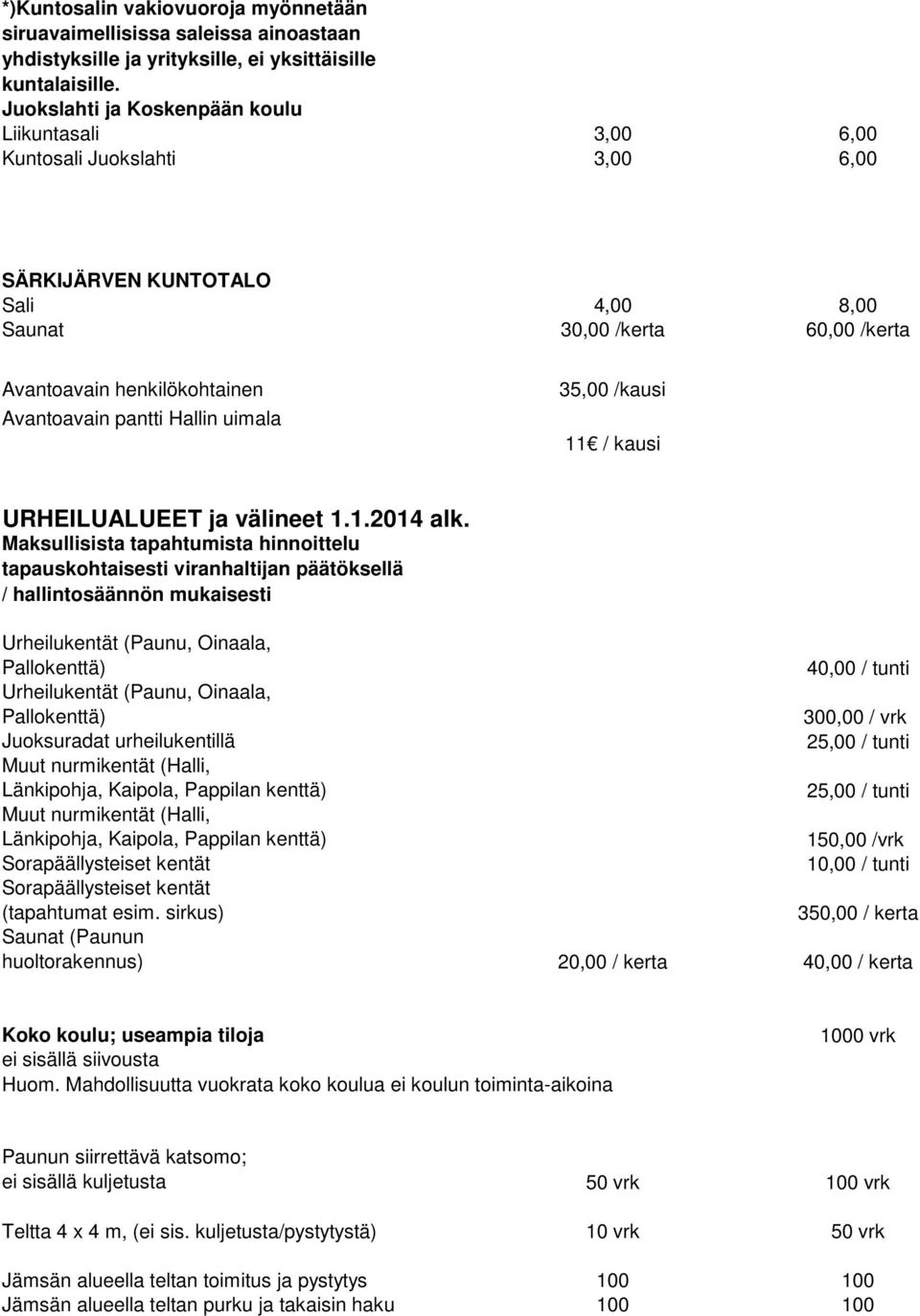 pantti Hallin uimala 35,00 /kausi 11 / kausi URHEILUALUEET ja välineet 1.1.2014 alk.