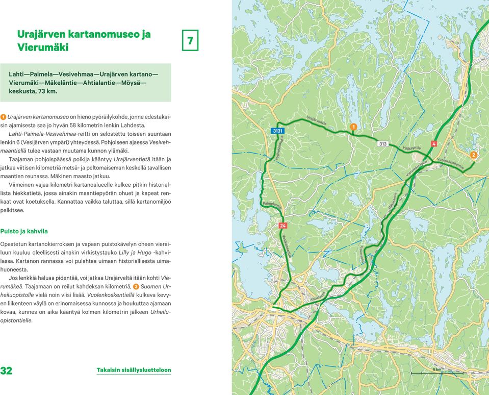Lahti-Paimela-Vesivehmaa-reitti on selostettu toiseen suuntaan lenkin 6 (Vesijärven ympäri) yhteydessä. Pohjoiseen ajaessa Vesivehmaantiellä tulee vastaan muutama kunnon ylämäki.