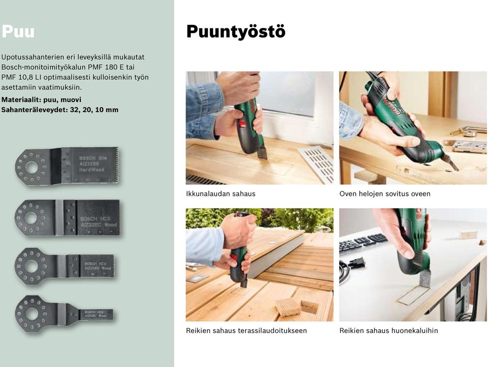 Materiaalit: puu, muovi Sahanteräleveydet: 32, 20, 10 mm Ikkunalaudan sahaus Oven