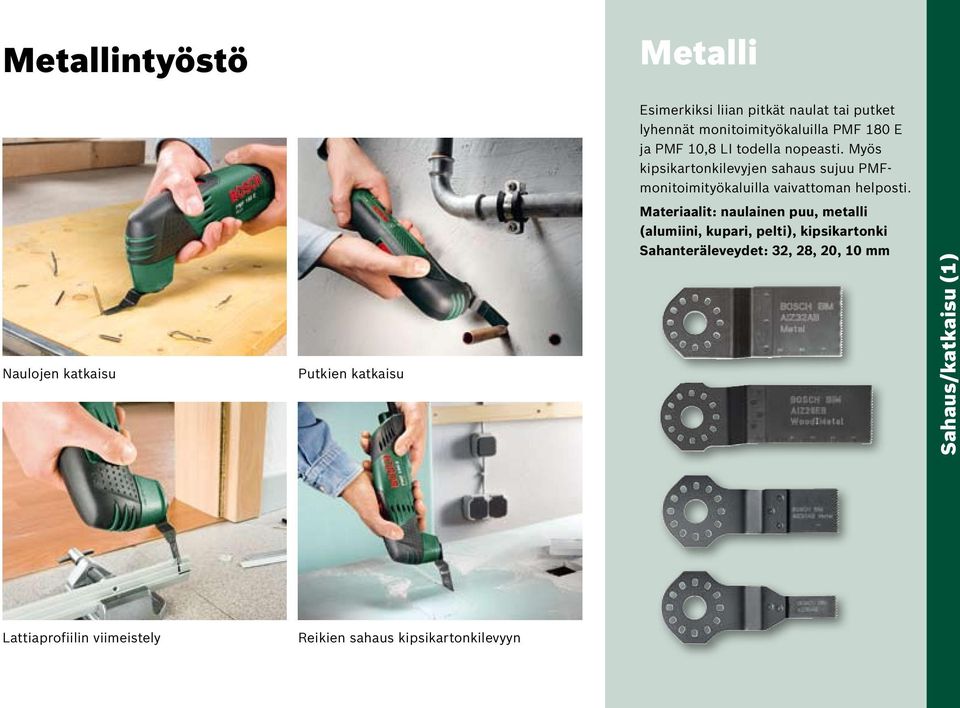 Naulojen katkaisu Putkien katkaisu Materiaalit: naulainen puu, metalli (alumiini, kupari, pelti), kipsikartonki