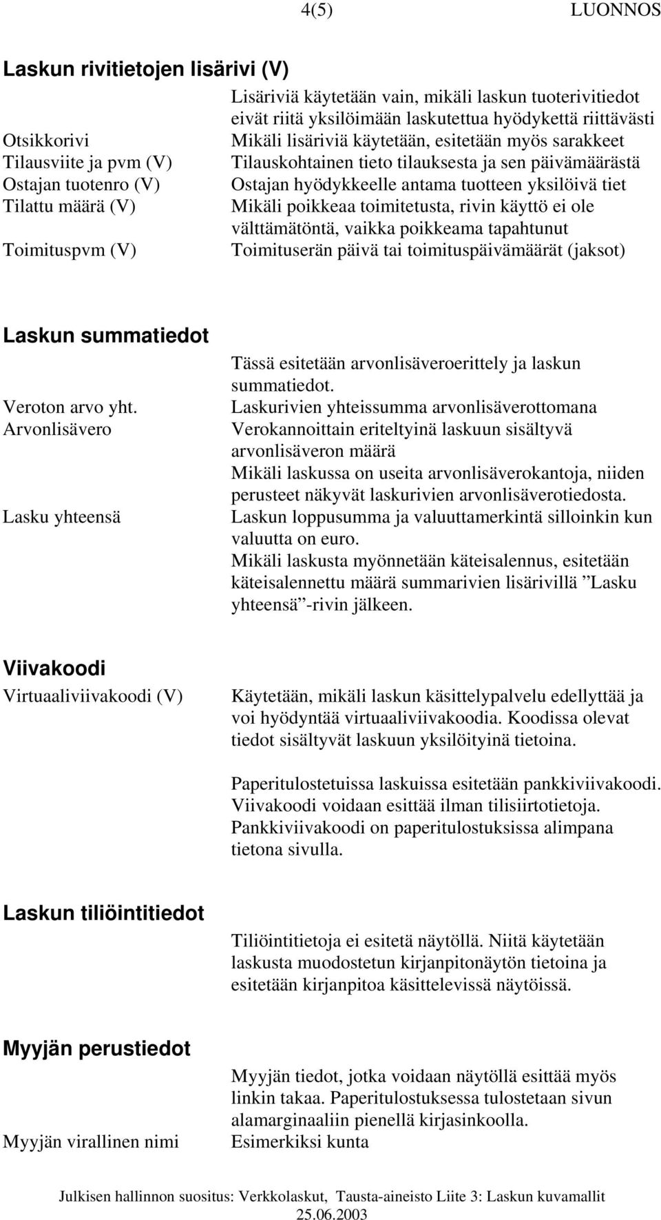 määrä (V) Mikäli poikkeaa toimitetusta, rivin käyttö ei ole välttämätöntä, vaikka poikkeama tapahtunut Toimituspvm (V) Toimituserän päivä tai toimituspäivämäärät (jaksot) Laskun summatiedot Veroton