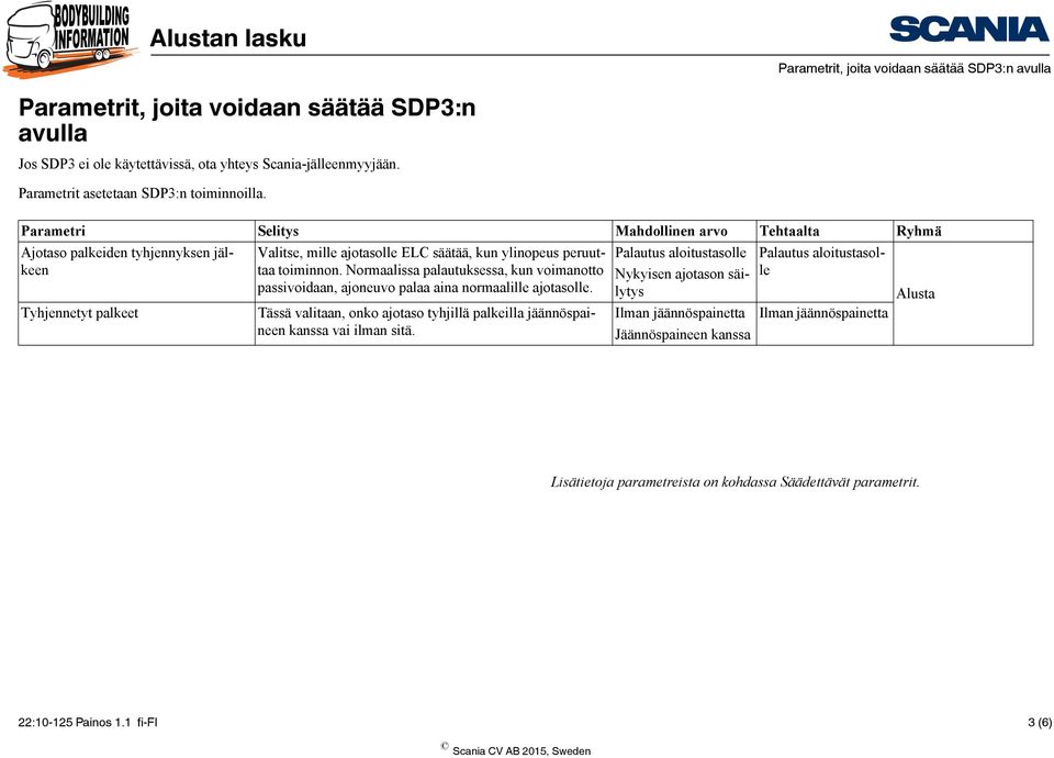 Normaalissa palautuksessa, kun voimanotto passivoidaan, ajoneuvo palaa aina normaalille ajotasolle. Tässä valitaan, onko ajotaso tyhjillä palkeilla jäännöspaineen kanssa vai ilman sitä.