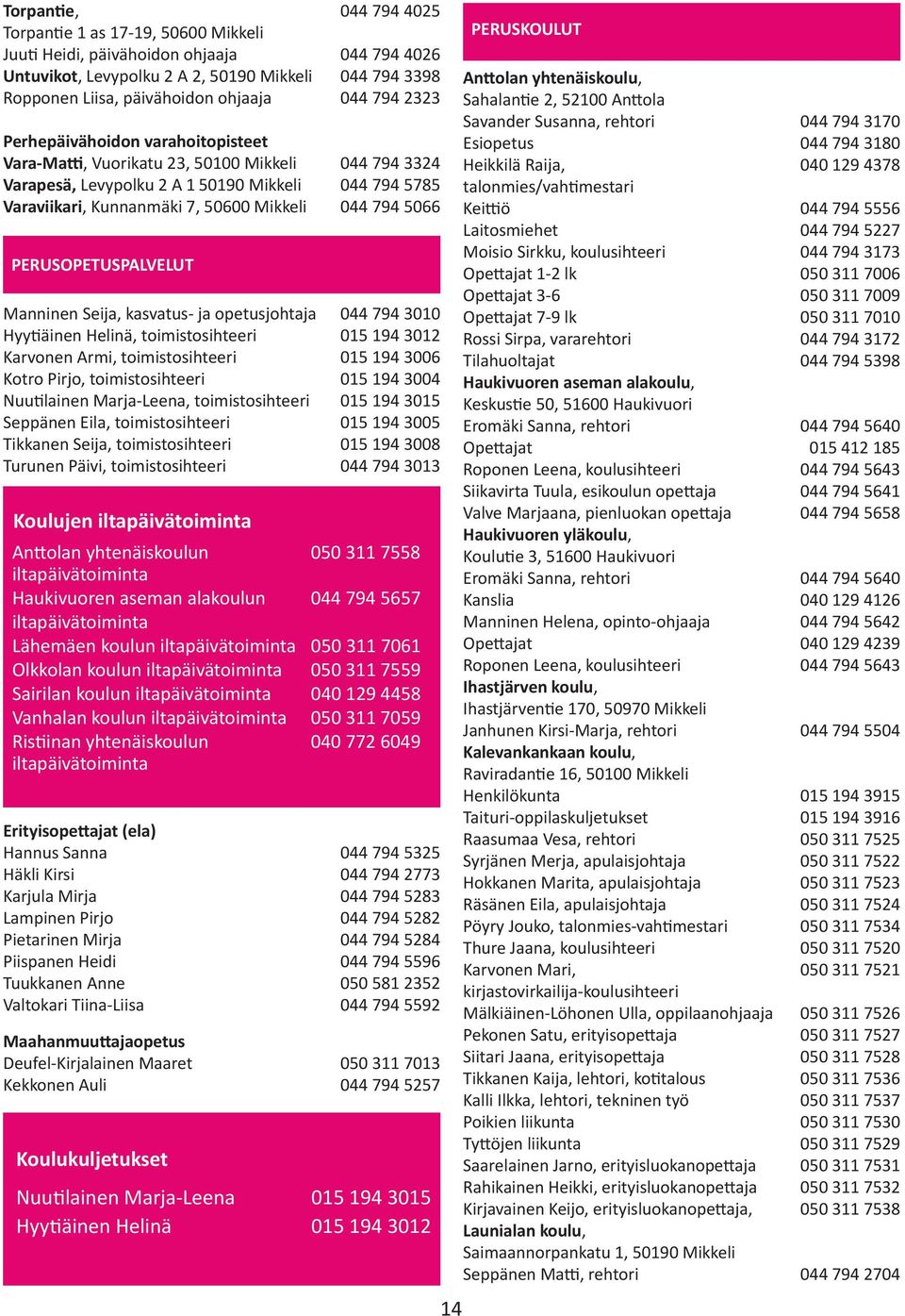 794 5066 PERUSOPETUSPALVELUT Manninen Seija, kasvatus- ja opetusjohtaja 044 794 3010 Hyytiäinen Helinä, toimistosihteeri 015 194 3012 Karvonen Armi, toimistosihteeri 015 194 3006 Kotro Pirjo,